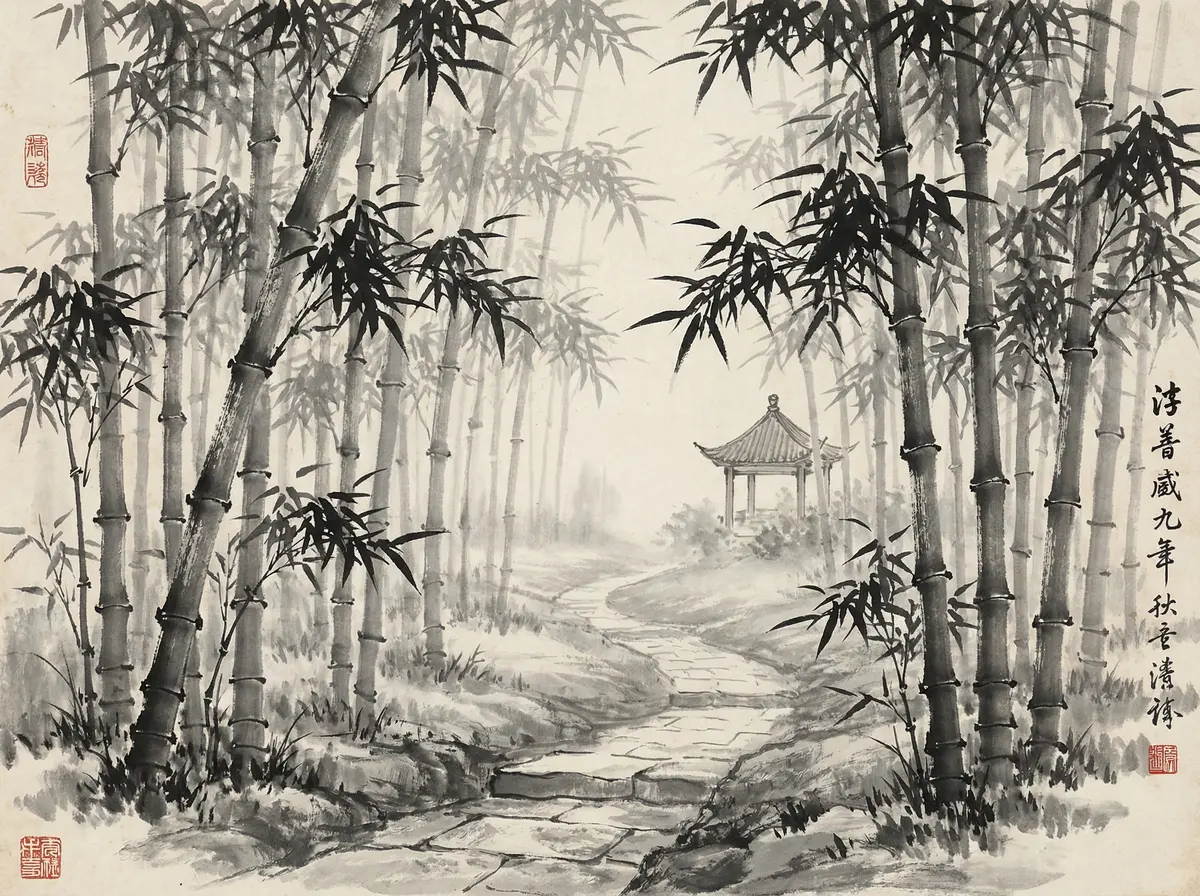 澳门太阳城金沙国际竹林小径水墨画展示宁静禅意