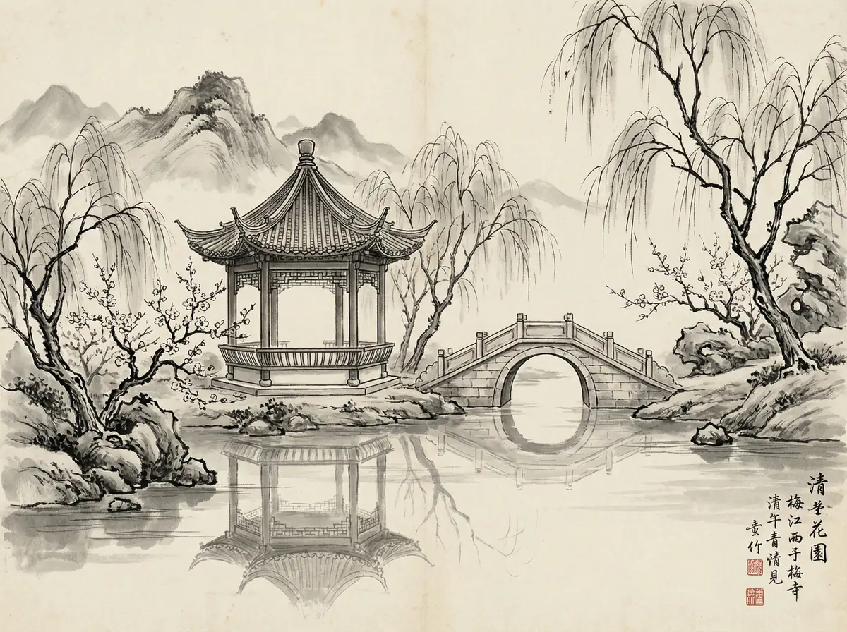 澳门太阳城水墨画中的亭台楼阁与石桥倒影