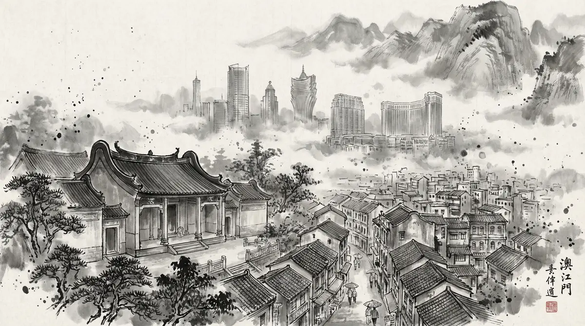 澳门太阳城水墨国风全景画卷展现澳门古老街巷与现代酒店建筑群