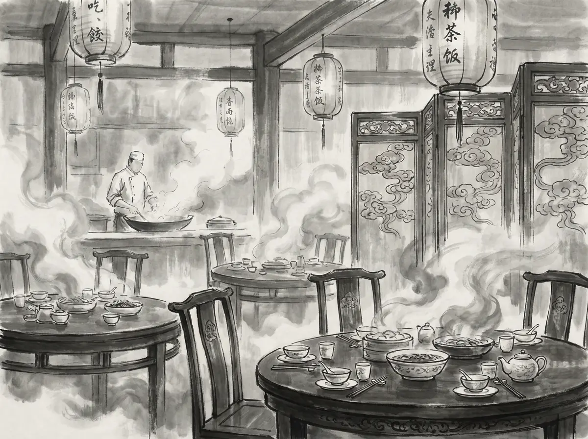 澳门太阳城墨香食府水墨风格中餐厅内景展示传统瓷器餐具与雕花屏风