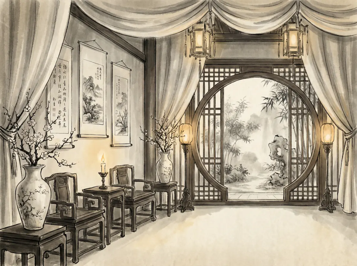 澳门太阳城丝绸帷幔园林景观客房展示月洞门与竹林景致