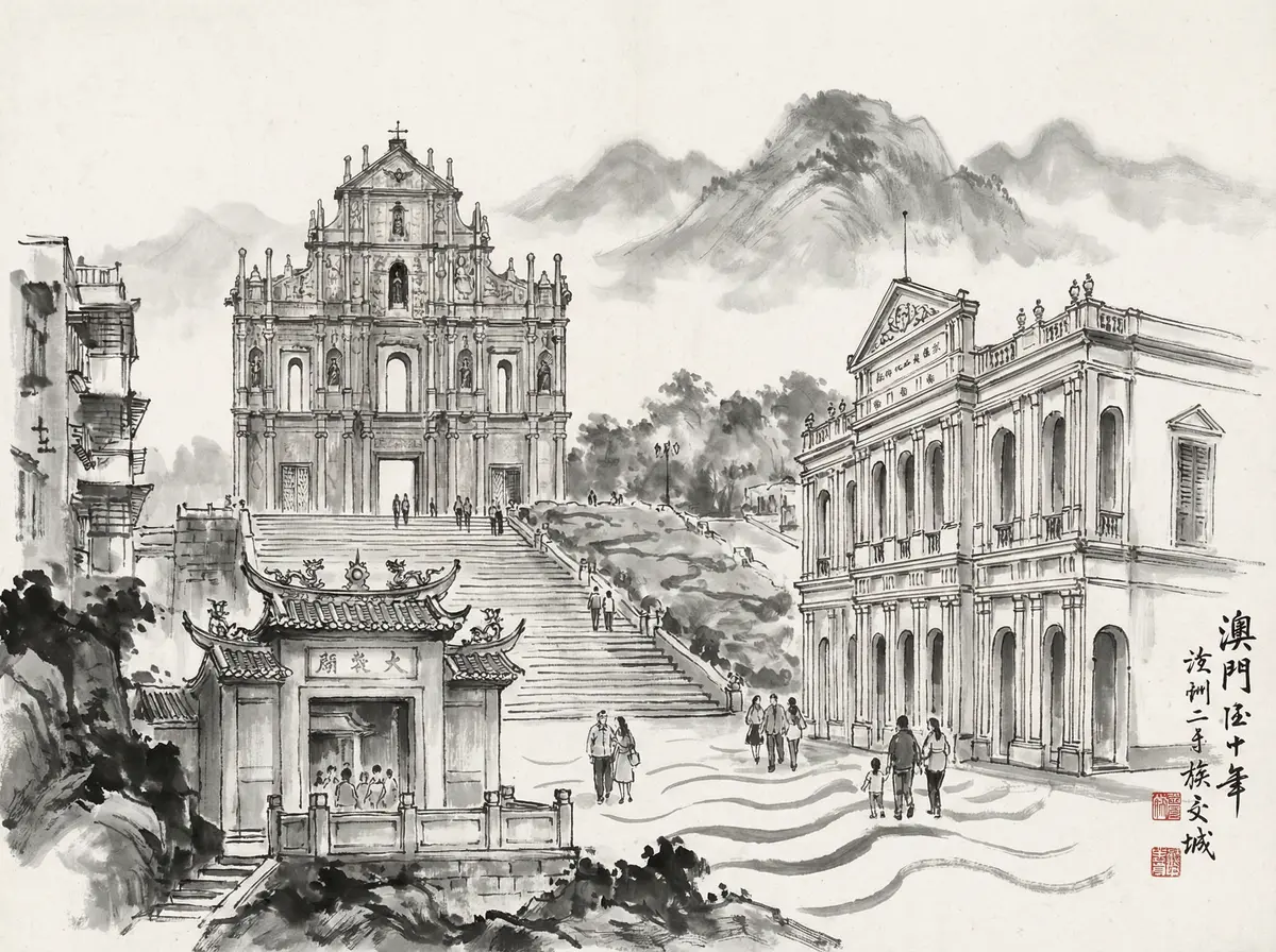 澳门太阳城推荐澳门大三巴牌坊水墨画风格旅游景点